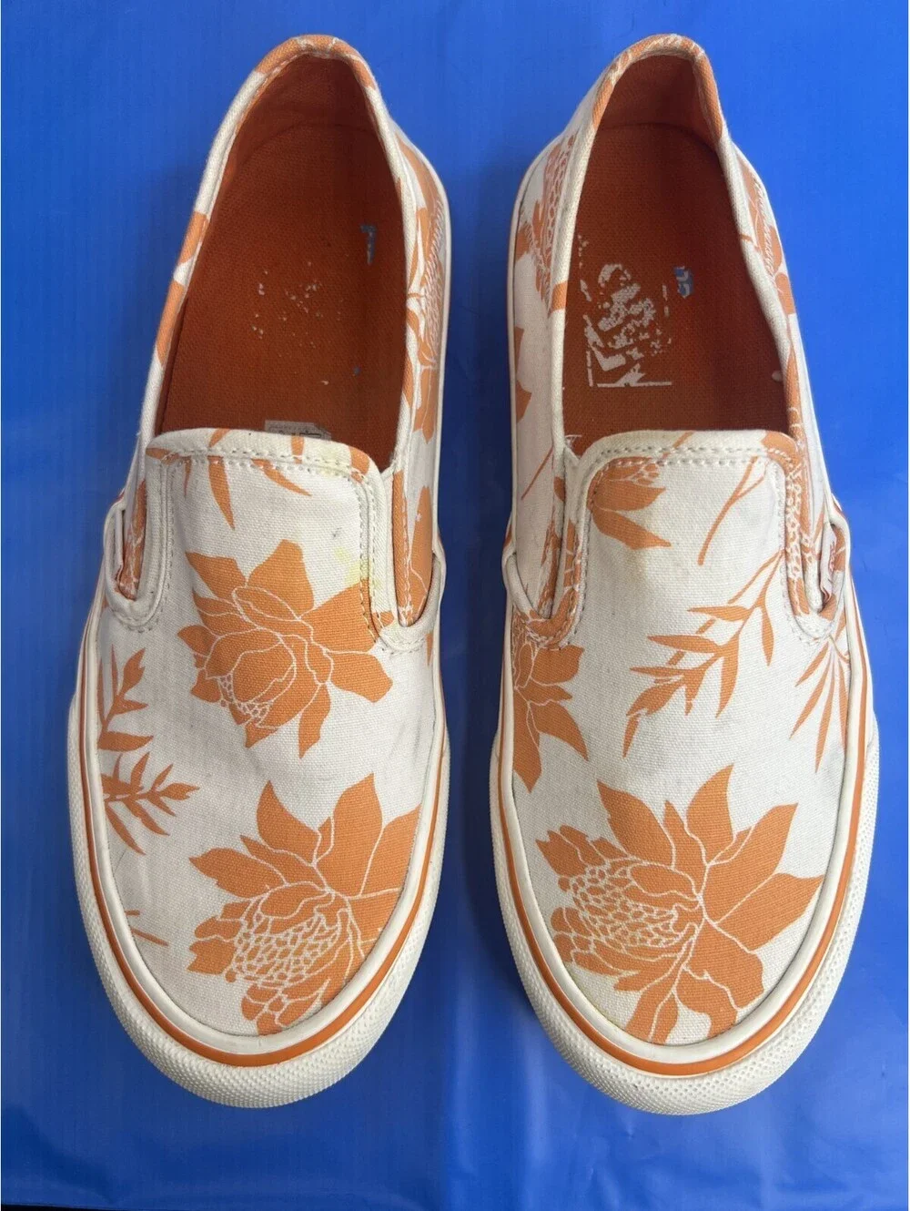 Vans Classic Slip-On Orange Floral Cream Canvas Shoes Men 7 Women 8.5